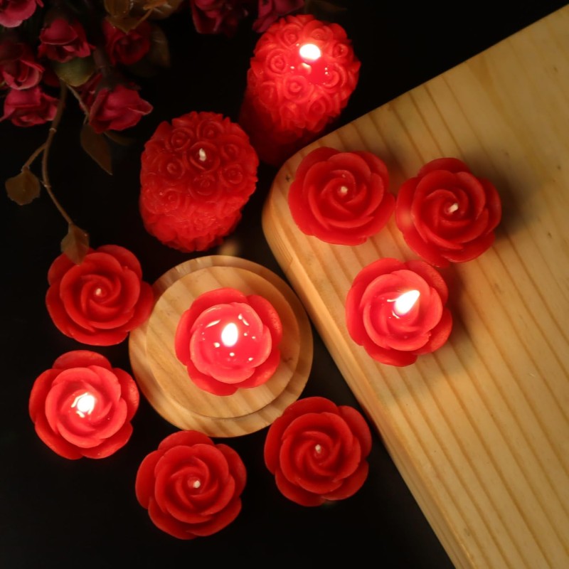 Wick-a-Roo Scented Candles For Home Decor, Rose Fragrance, Pillar Shape And Floating Combo, Red Color, Pack Of 10, 4 X 7 Centimeters - Wax Wick-a-Roo Scented Candles For Home Decor, Rose Fragrance, Pillar Shape And Floating Combo, Red Color, Pack Of 10, 4 X 7 Centimeters - Wax