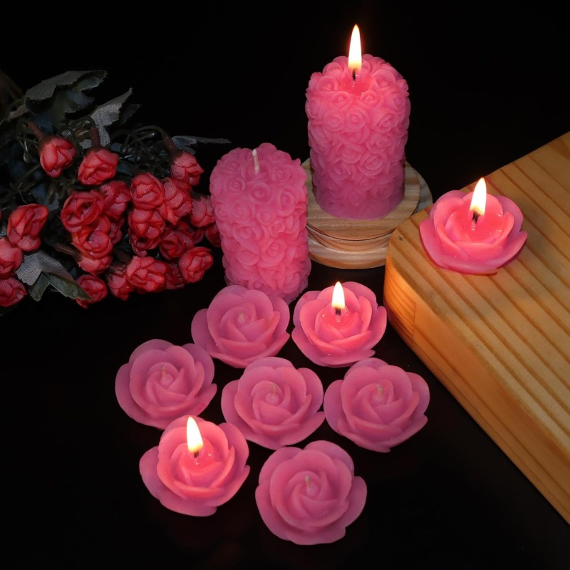 Wick-a-Roo Scented Candles For Home Decor, Rose Fragrance, Pillar Shape And Floating Combo, Red Color, Pack Of 10, 4 X 7 Centimeters - Wax Wick-a-Roo Scented Candles For Home Decor, Rose Fragrance, Pillar Shape And Floating Combo, Red Color, Pack Of 10, 4 X 7 Centimeters - Wax