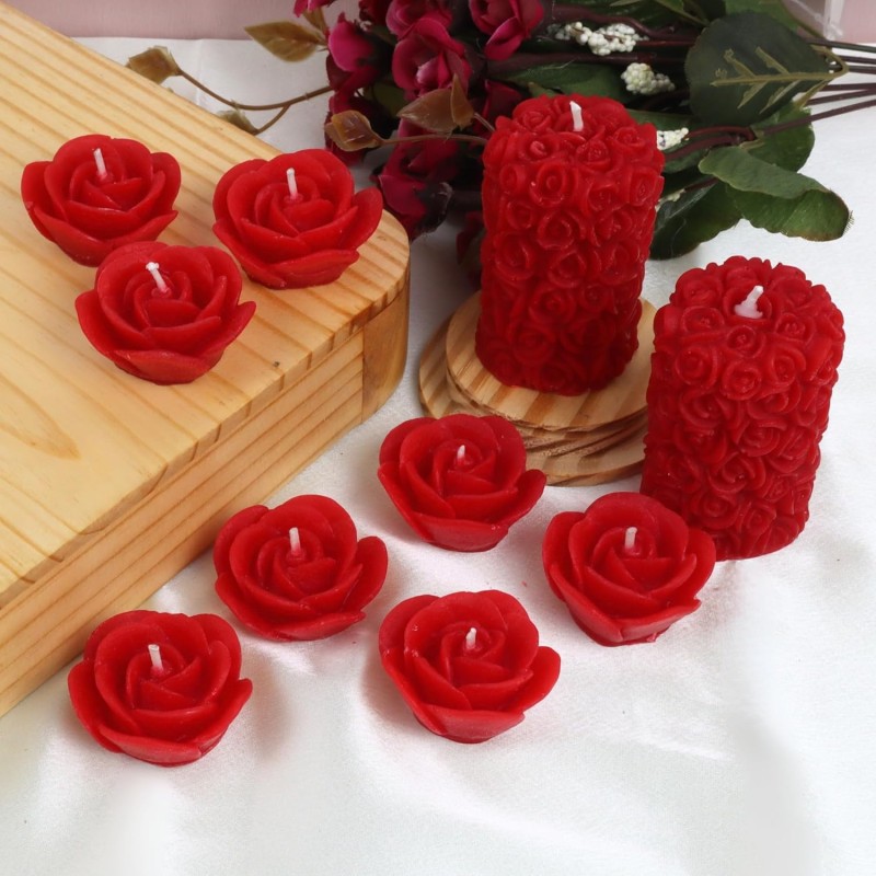 Wick-a-Roo Scented Candles For Home Decor, Rose Fragrance, Pillar Shape And Floating Combo, Red Color, Pack Of 10, 4 X 7 Centimeters - Wax Wick-a-Roo Scented Candles For Home Decor, Rose Fragrance, Pillar Shape And Floating Combo, Red Color, Pack Of 10, 4 X 7 Centimeters - Wax
