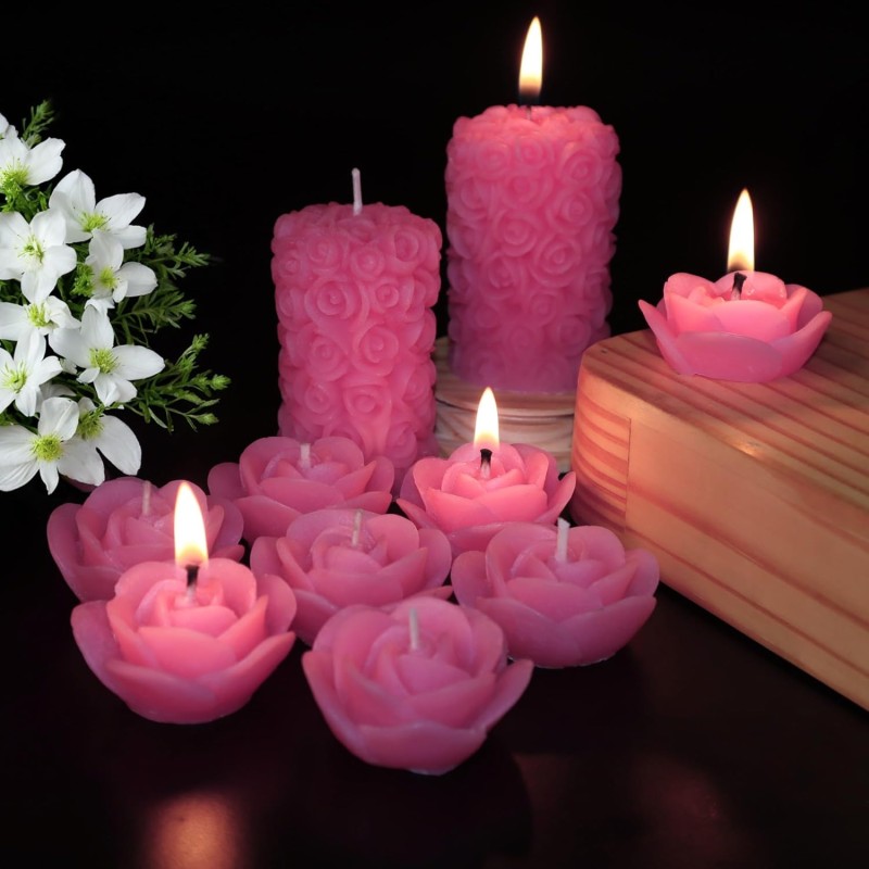 Wick-a-Roo Scented Candles For Home Decor, Rose Fragrance, Pillar Shape And Floating Combo, Red Color, Pack Of 10, 4 X 7 Centimeters - Wax Wick-a-Roo Scented Candles For Home Decor, Rose Fragrance, Pillar Shape And Floating Combo, Red Color, Pack Of 10, 4 X 7 Centimeters - Wax