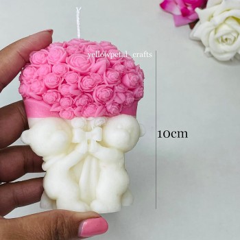 Yellow Petal Teddy with Bouquet Candle | Pink & White Color | Rose Scented | Valentine & Anniversary Gift | 100% Soy Wax 110gm (Pack of 1)